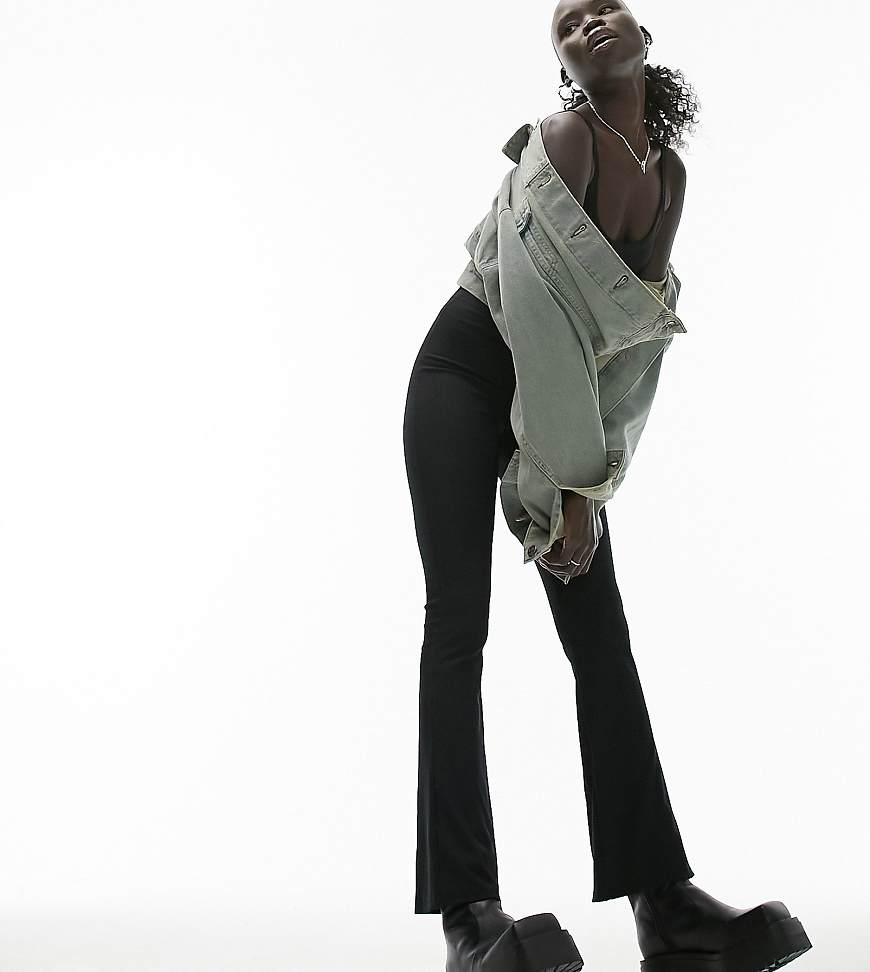 Topshop Petite skinny rib flared pants in black