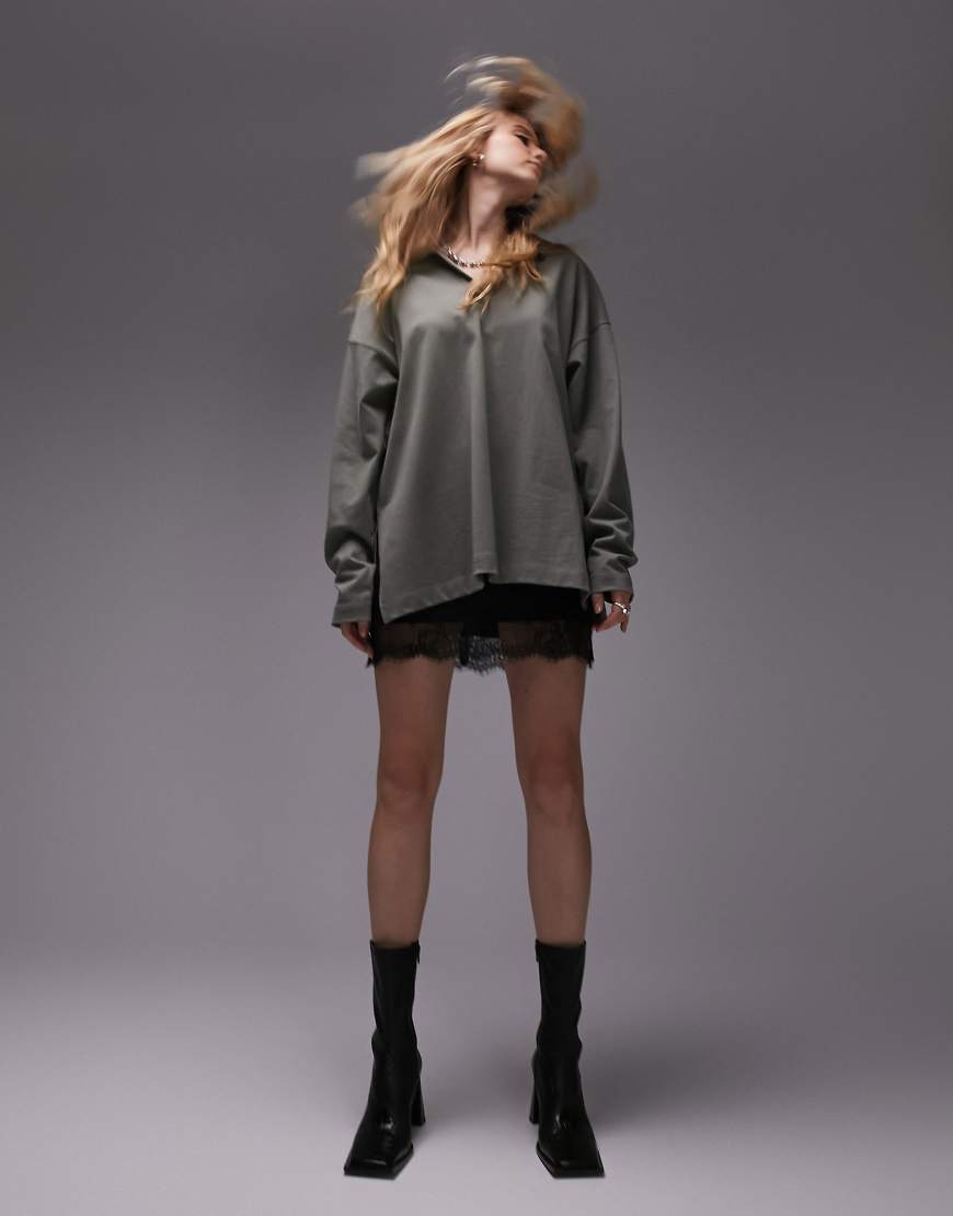 Topshop Premium basic oversized long sleeve polo top in olive-Green