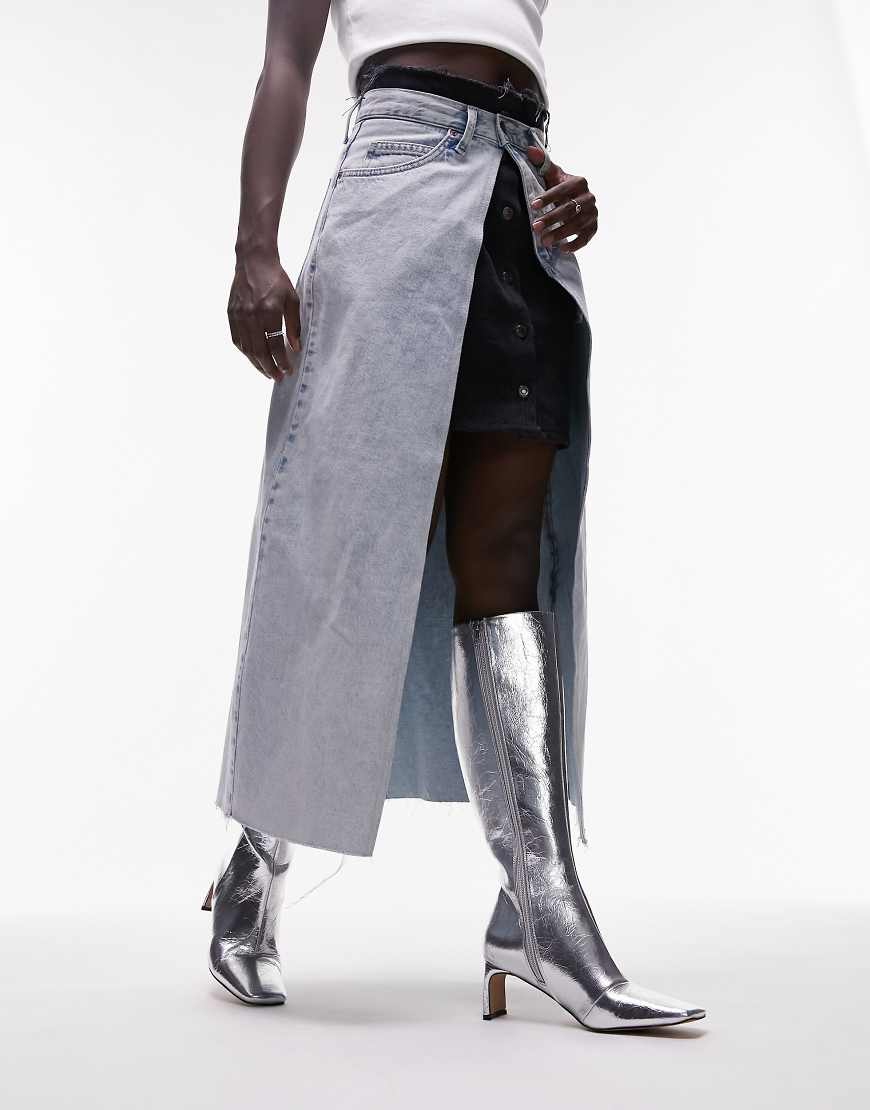 Topshop Raven square toe heeled knee high boots in silver