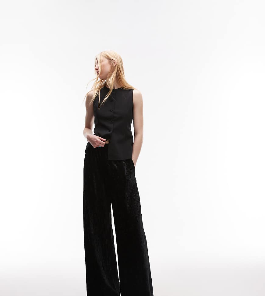 Topshop Tall crushed velvet wide leg pants with skinny waistband in black