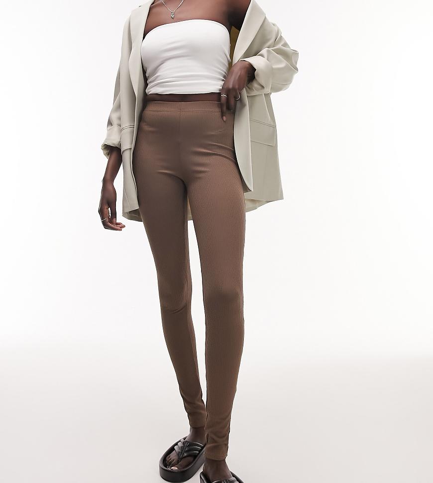 Topshop Tall skinny rib leggings in chocolate-Brown