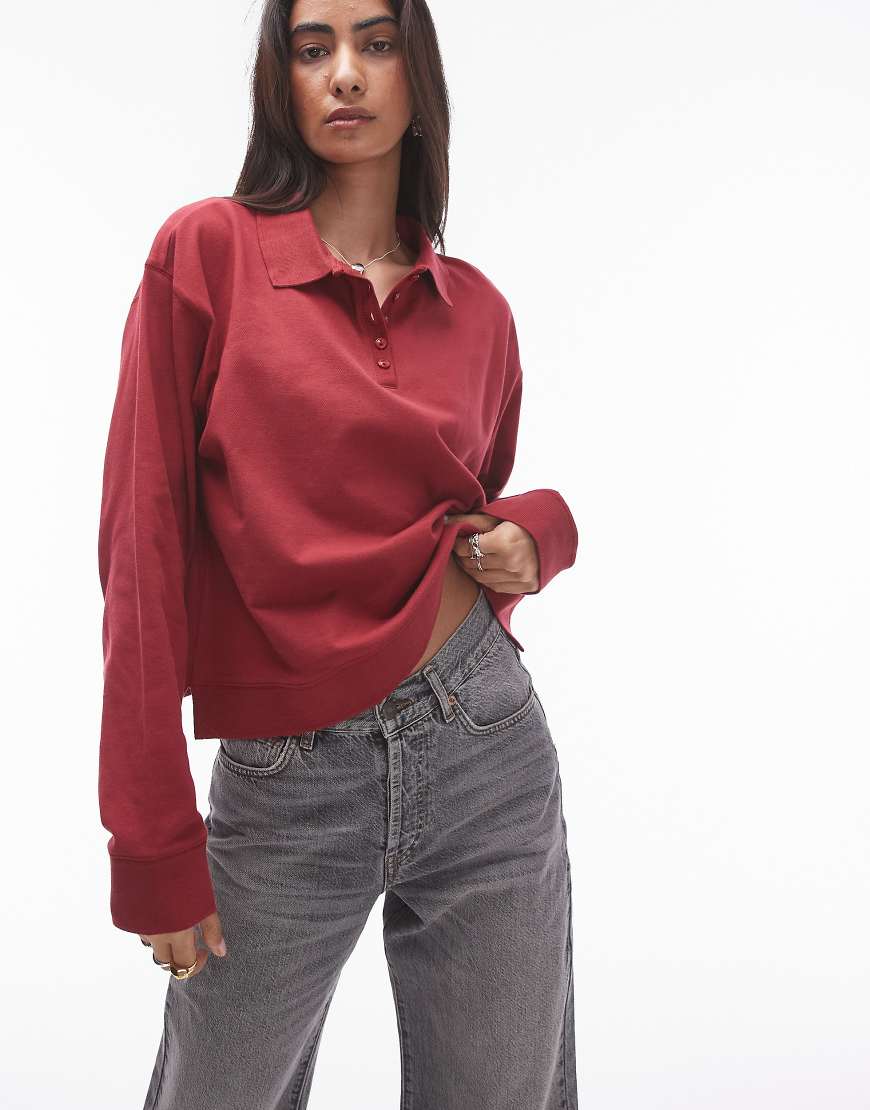 Topshop boxy long sleeve polo top in dark red-No color