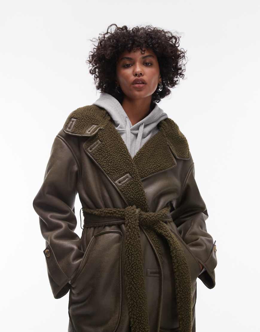 Topshop faux leather shearling trench coat in olive-Green