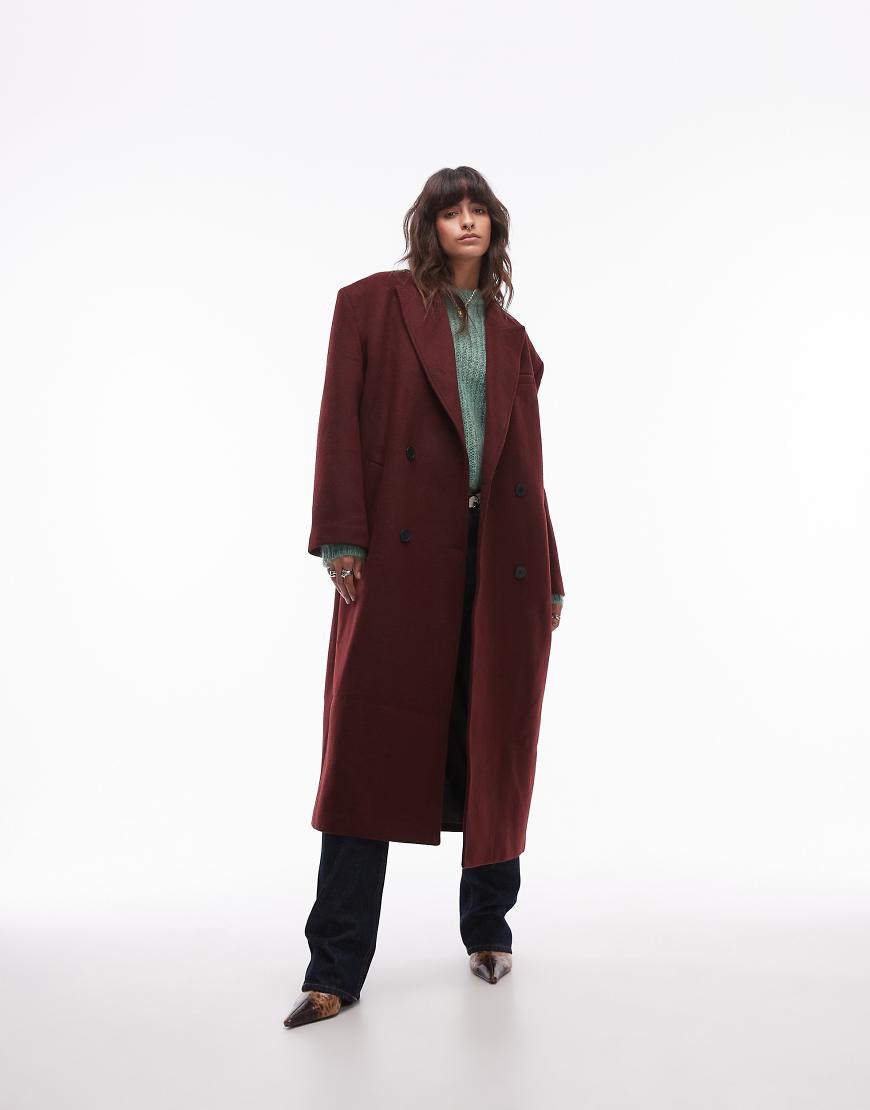 Topshop premium formal coat with wool in burgundy-Red