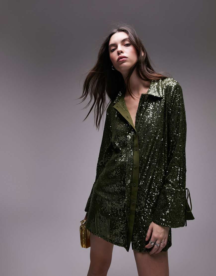 Topshop sequin oversized shirt in green - part of a set