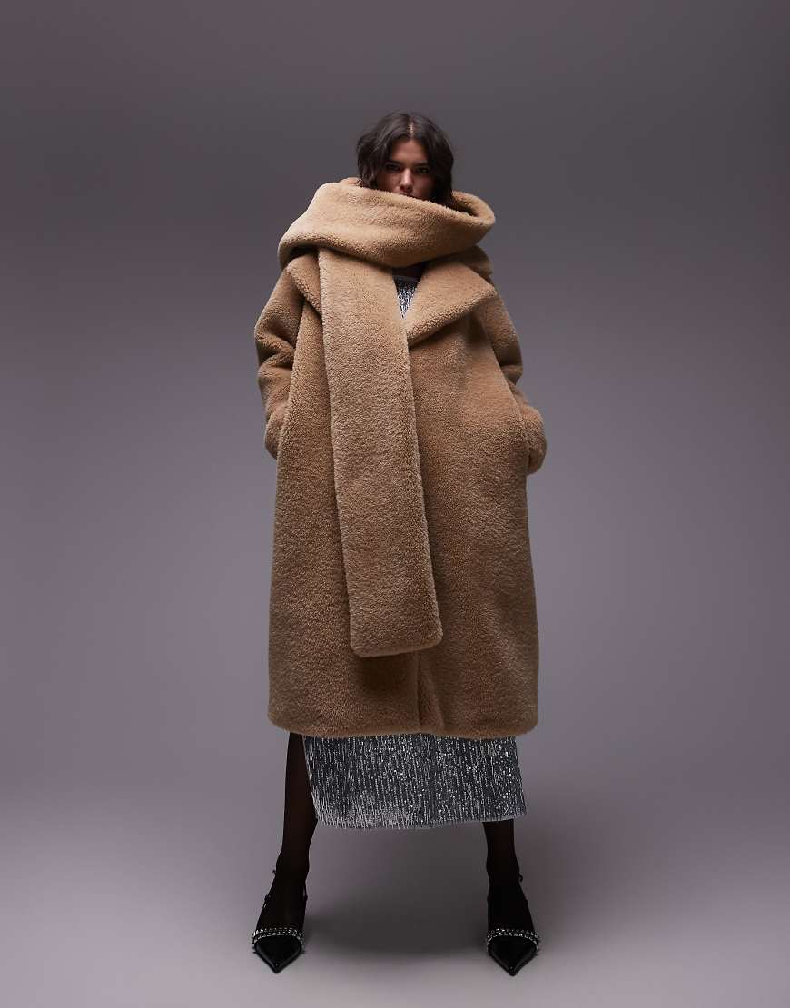 Topshop super oversized statement borg coat with hooded scarf in brown