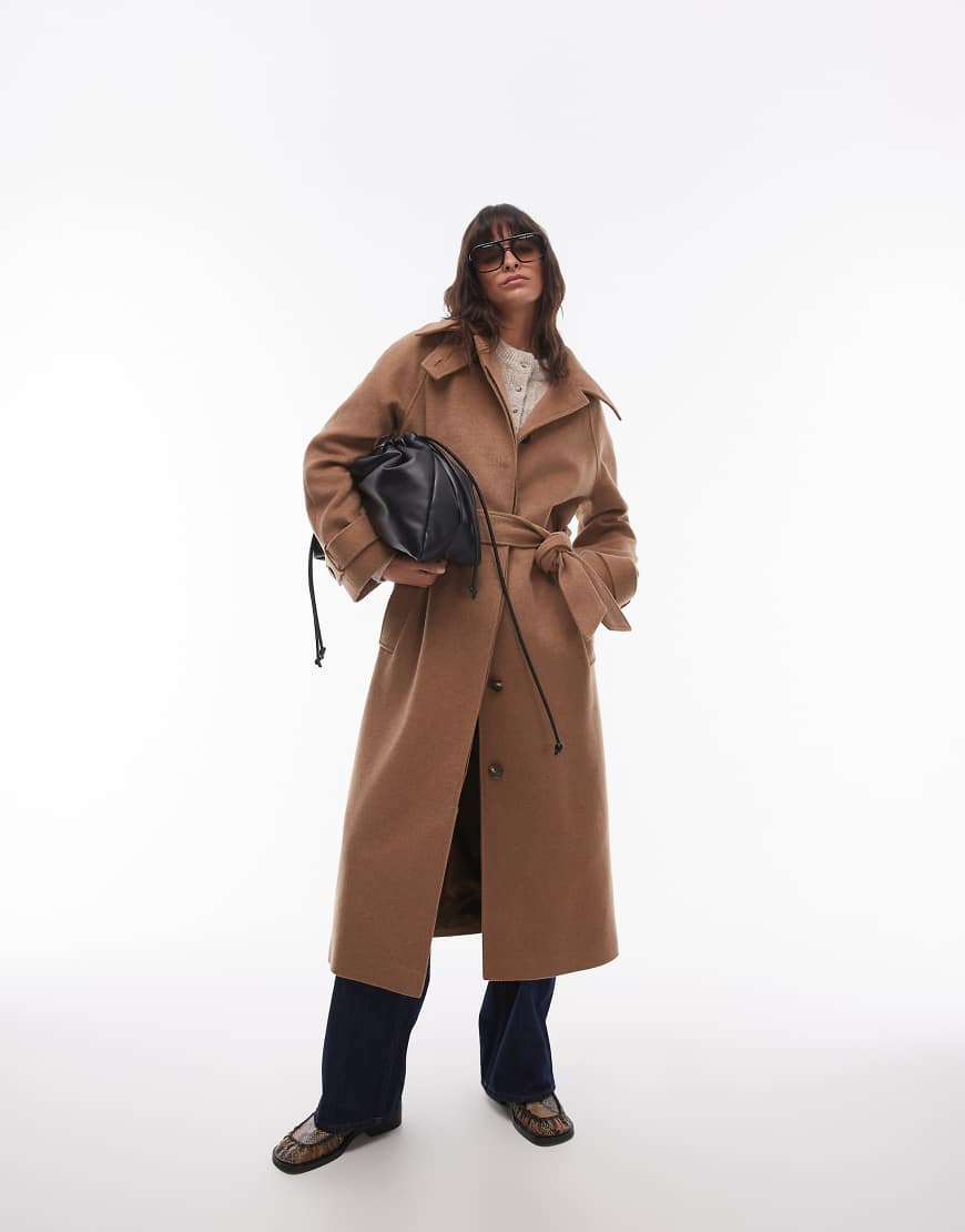 Topshop tab belted car coat twill in camel-Neutral