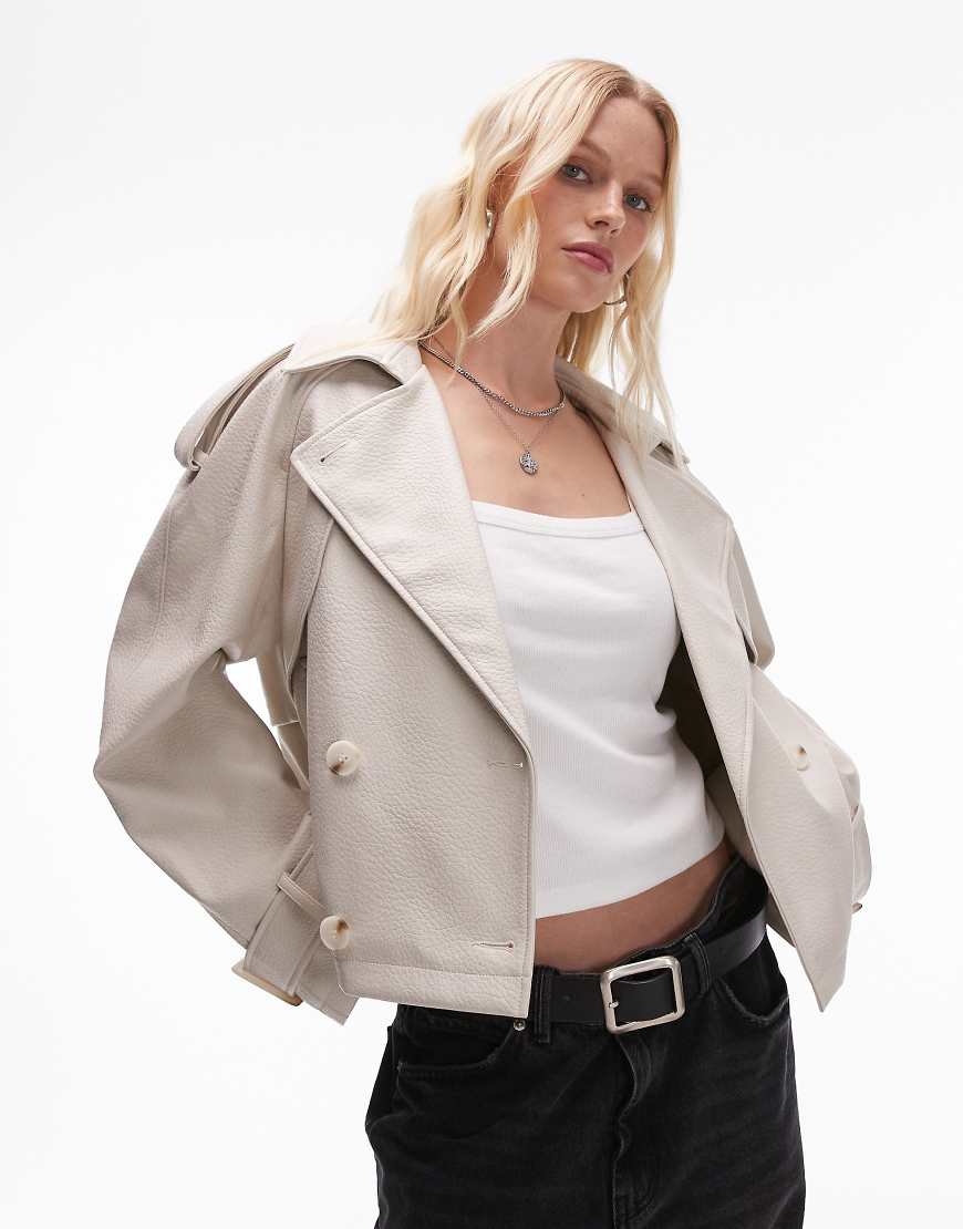 Topshop textured faux leather cropped trench coat in cream-White