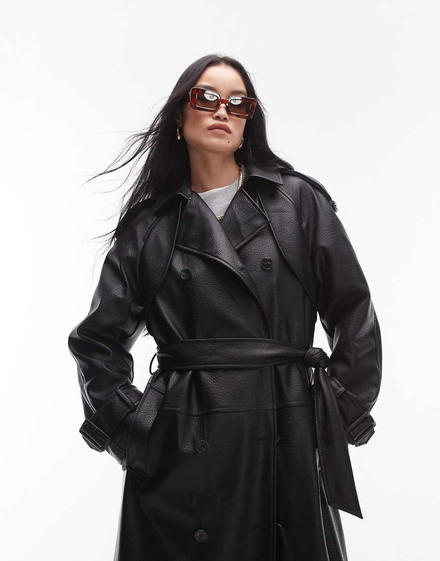 Topshop textured faux leather trench coat in black