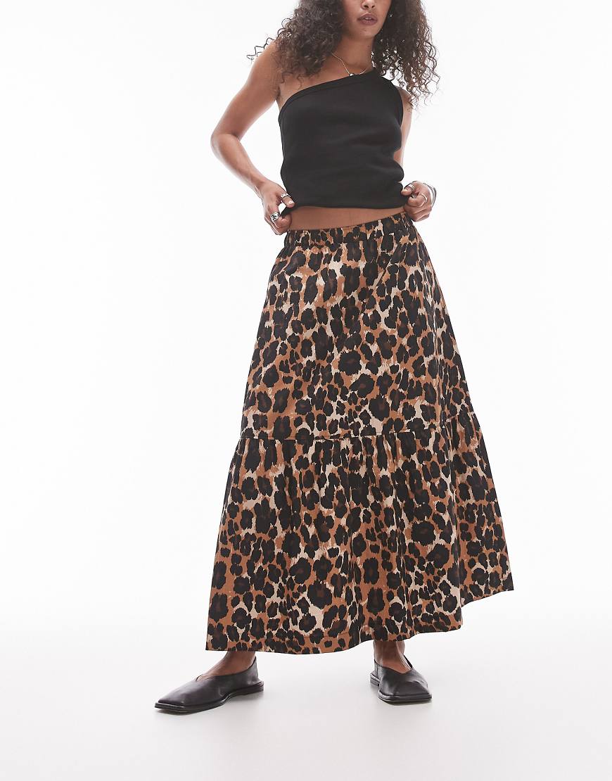 Topshop tiered midi skirt in leopard-Brown