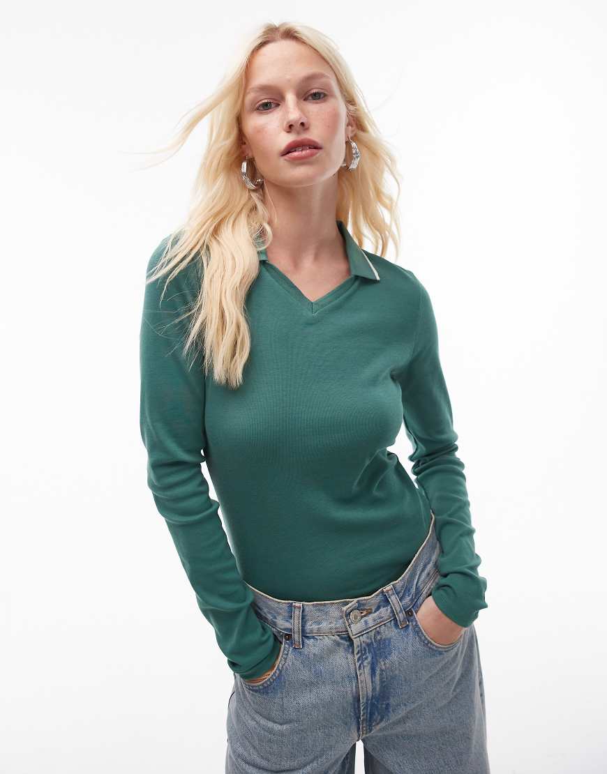 Topshop tipped long sleeve polo top in dark green