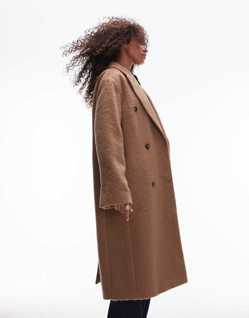 Topshop wool look double breasted brushed coat in camel-Neutral