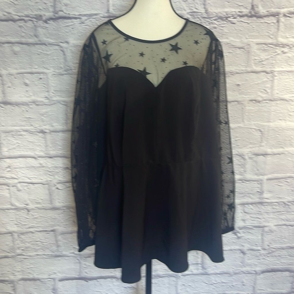 Torrid Peplum Star Organza Top Black 4X/26 Long Sleeve, Women's (Size 4xl)