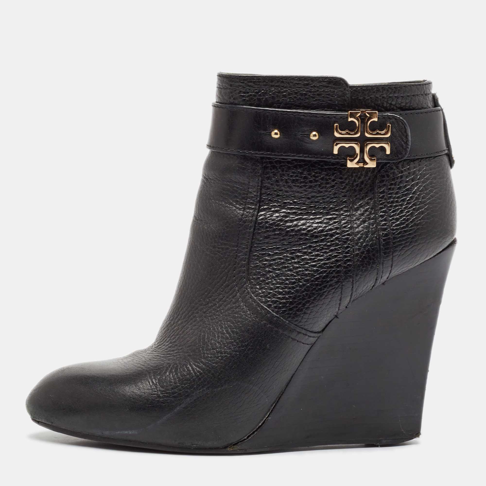 Tory Burch Black Leather Wedge Ankle Length Boots Size 39