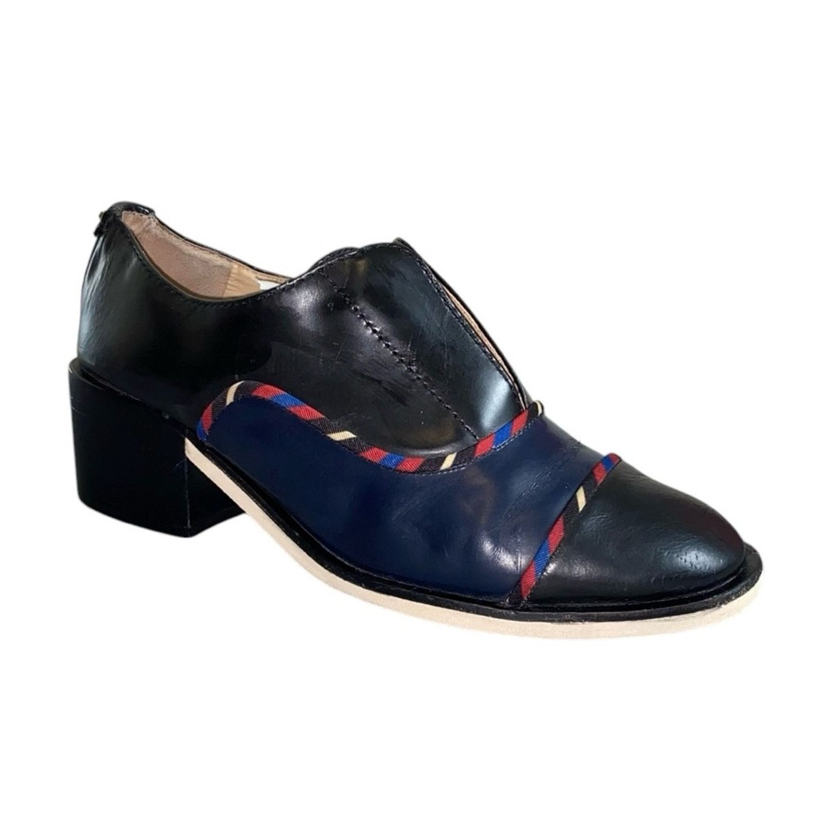 Tory Burch Black/navy Leather Oxford Kitten Block Heel Shoes, Women's (Size 9)