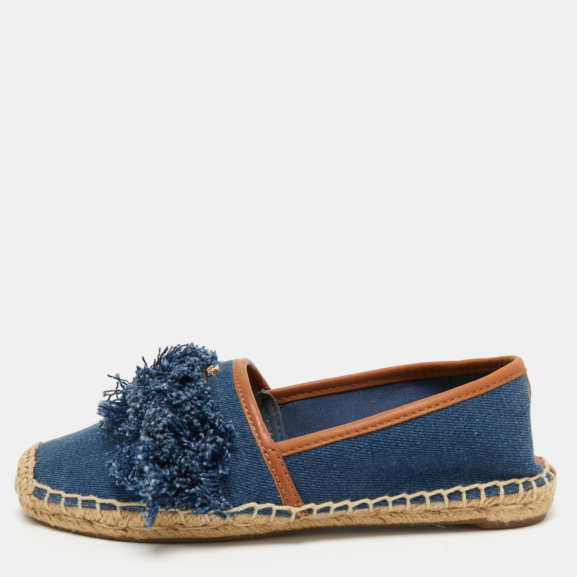 Tory Burch Blue Denim Shaw Espadrilles Flats Size 36.5