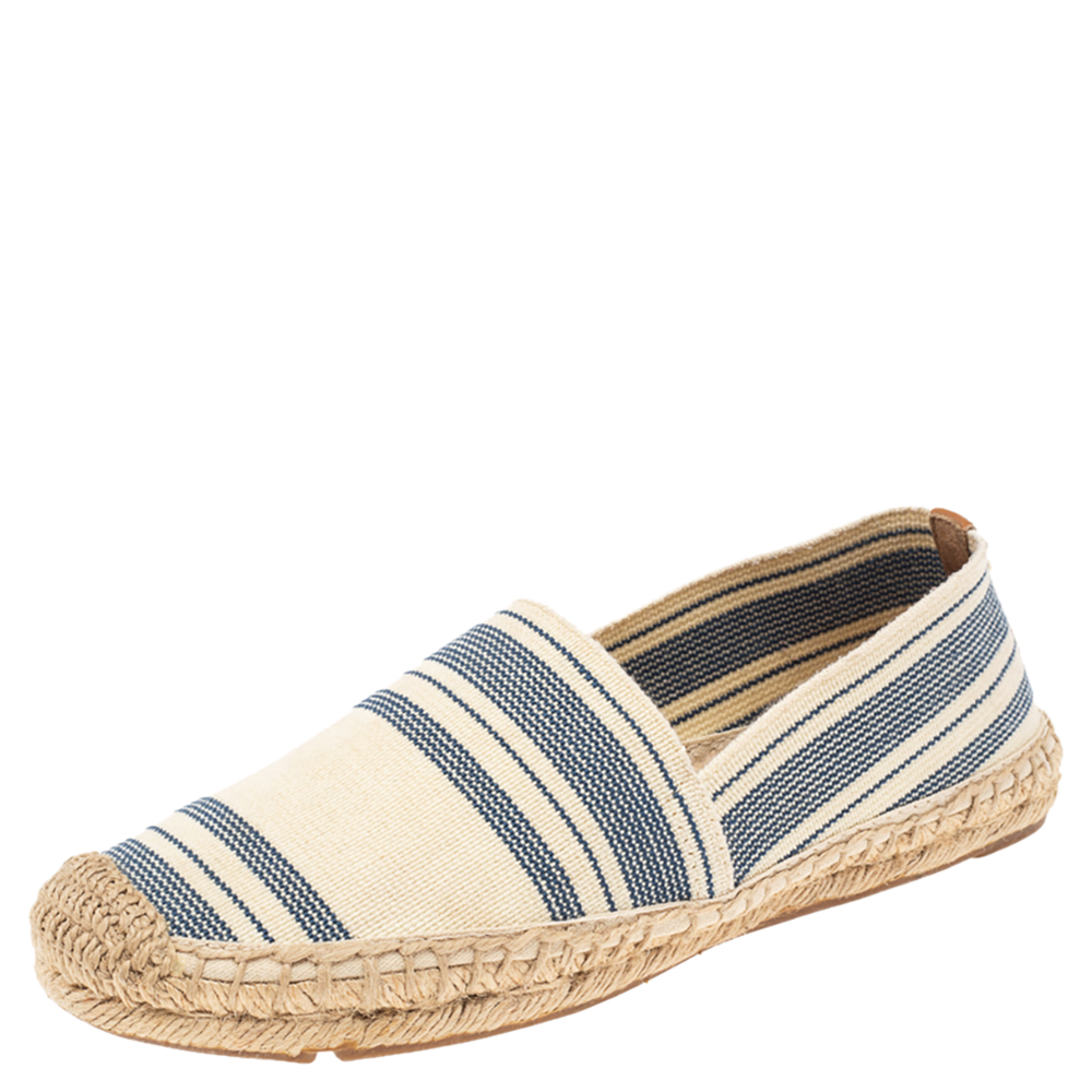 Tory Burch Cream/Blue Striped Canvas Espadrilles Loafers Size 36.5