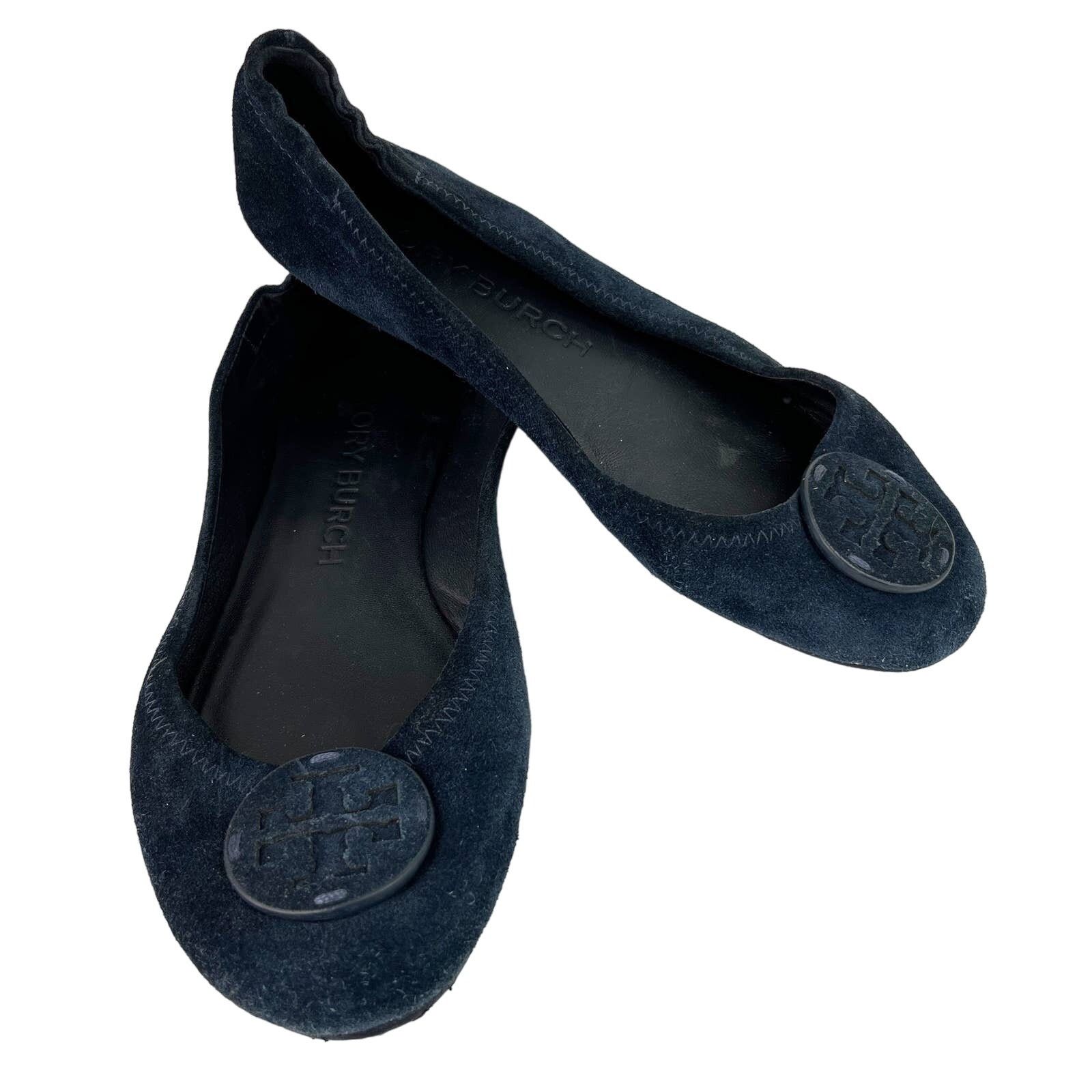 Tory Burch Minnie Suede Ballet Flat 7.5 Navy Blue Foldable, Women's