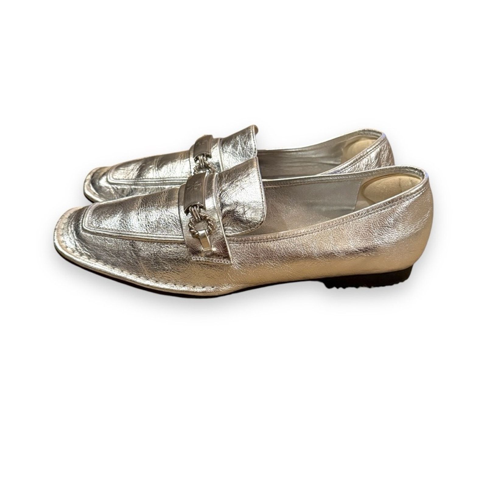 Tory Burch Perrine Metallic Silver Chain Leather Loafers, Women's (Size 9)