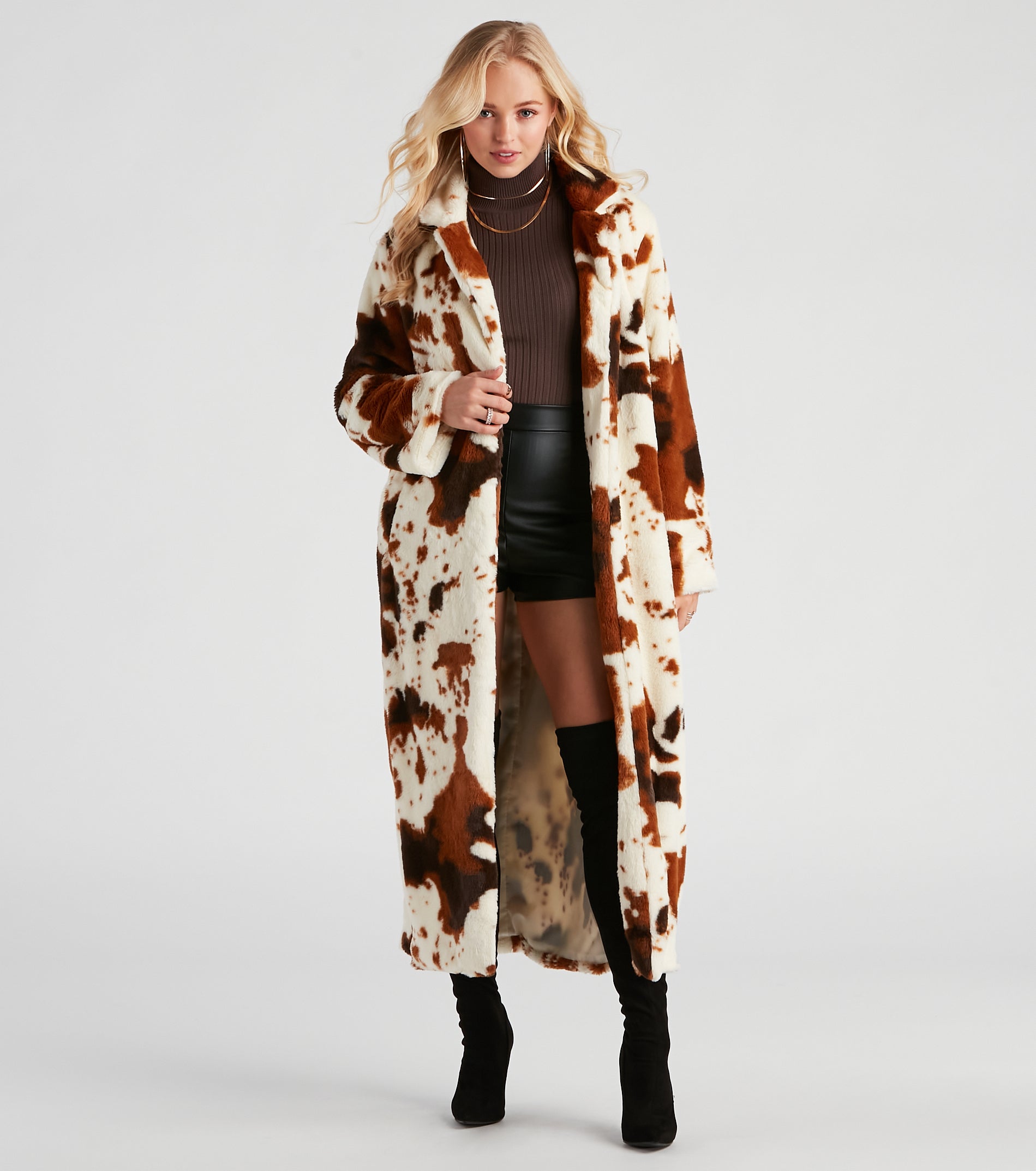 Total Icon Cow Faux Fur Long Coat