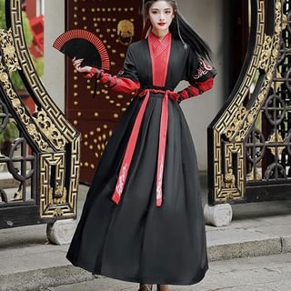 Traditional Chinese Long-Sleeve Embroidered Wrap Top / Short-Sleeve Light Jacket / Head Scarf / High Waist Maxi A-Line Skirt / Wrist Cuff / Set