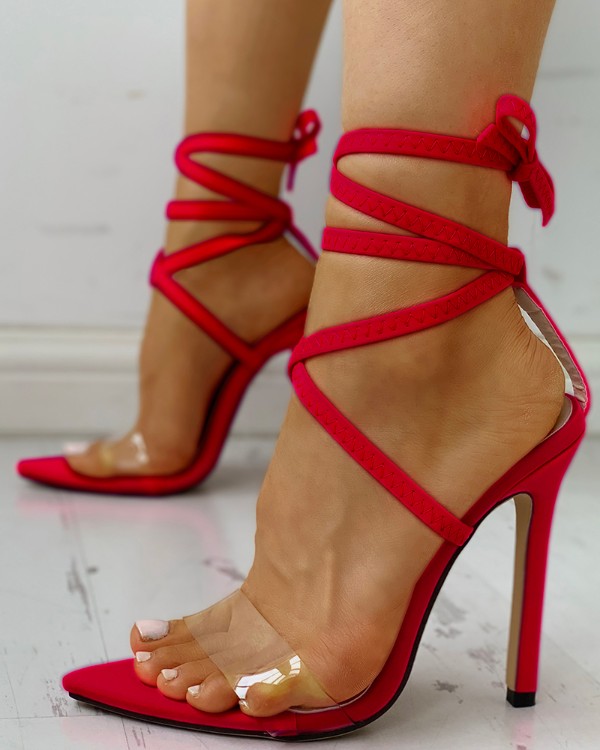 Transparent Strap Lace-Up Thin Heeled Sandals