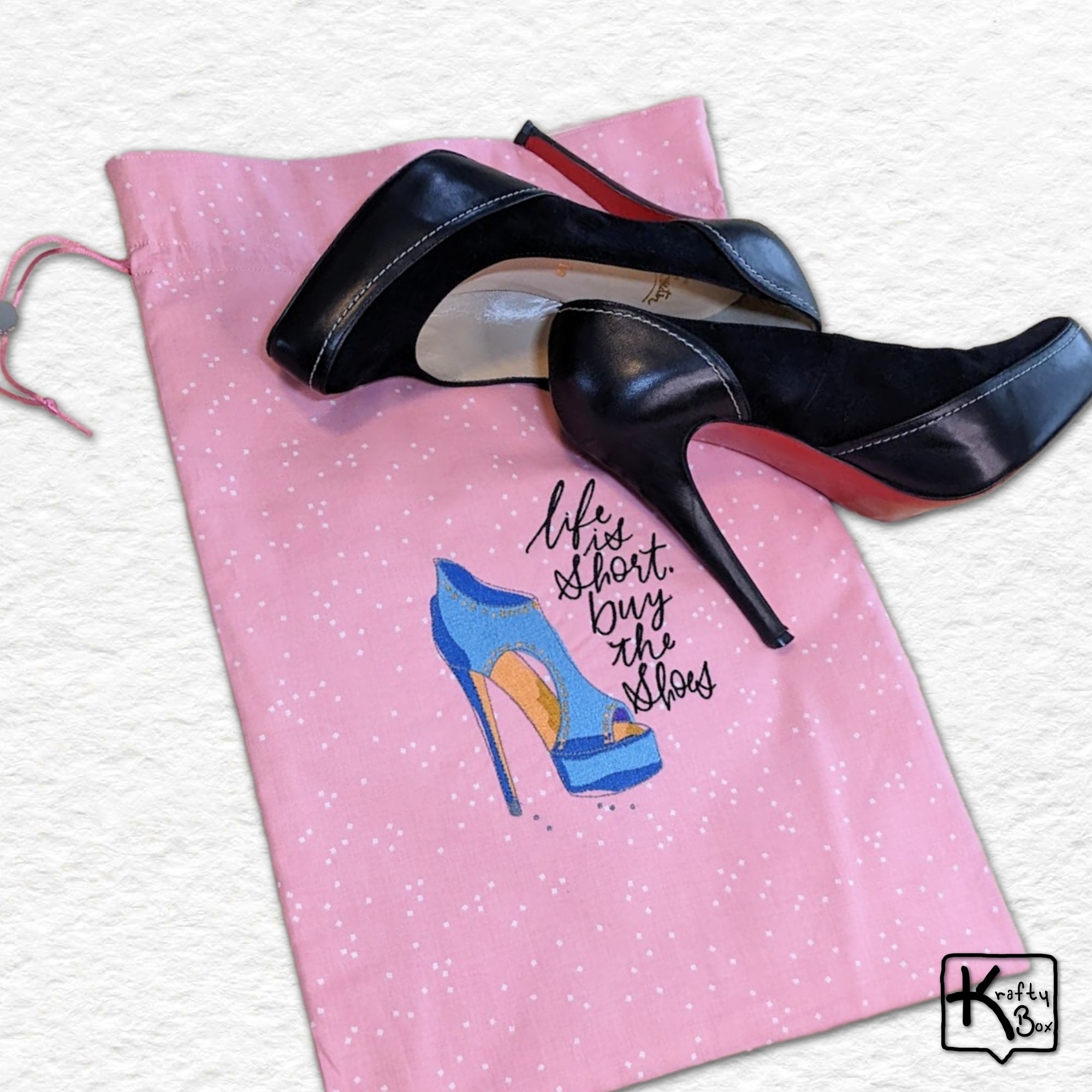 Travel Shoe Bag Flannel Lining Pink Cotton Fabric Handmade Embroidered Cute Blue Stiletto Sign Drawstring Great Lover Gift