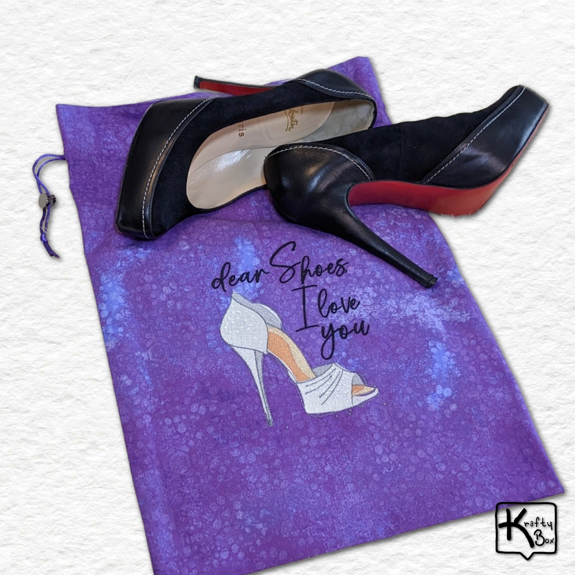 Travel Shoe Bag Flannel Lining Purple Fabric Handmade Embroidered Silver Stiletto & Cute Quote Design Drawstring Lover Gift