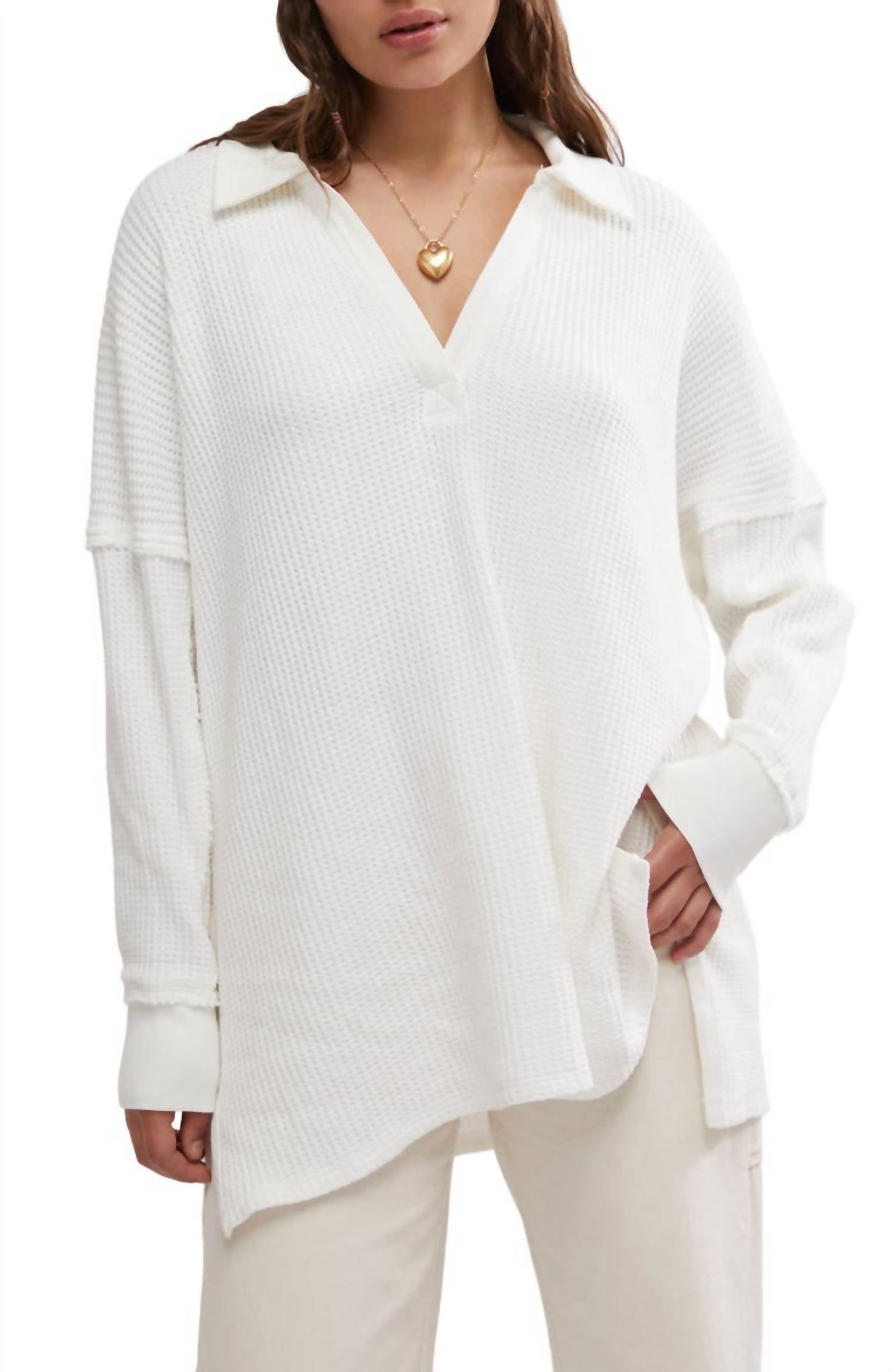 Travis Oversize Thermal Polo Top In Ivory