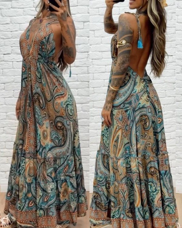 Tribal Print V-Neck Spaghetti Strap Maxi Dress Casual Backless Flowy A Line Dress