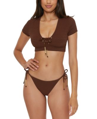 Trina Turk Womens Glimmer Lace Up Crop Swim Tee Top Bikini Bottoms