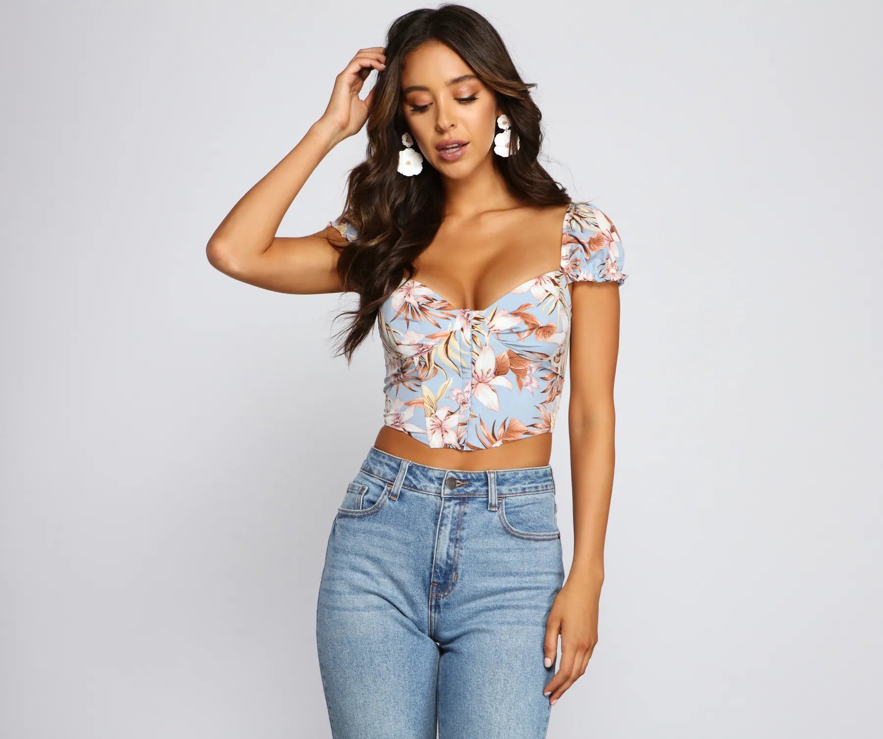 Tropical Dream Puff Sleeve Corset Top