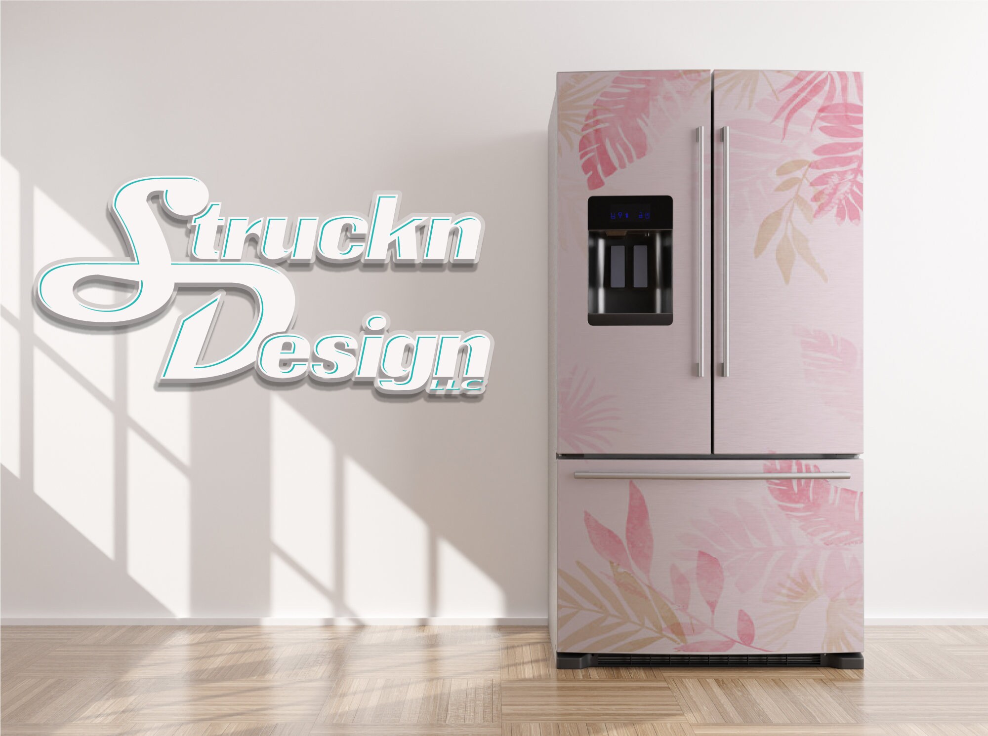 Tropical Pink Beige Monstera Palm Leaf Refrigerator Fridge Freezer Wrap Side By Top Bottom Door Vinyl Mural Skin Decal Removable