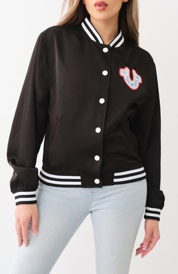 True Religion Satin Varsity Jacket in Jet Black at Nordstrom Rack, Size Medium