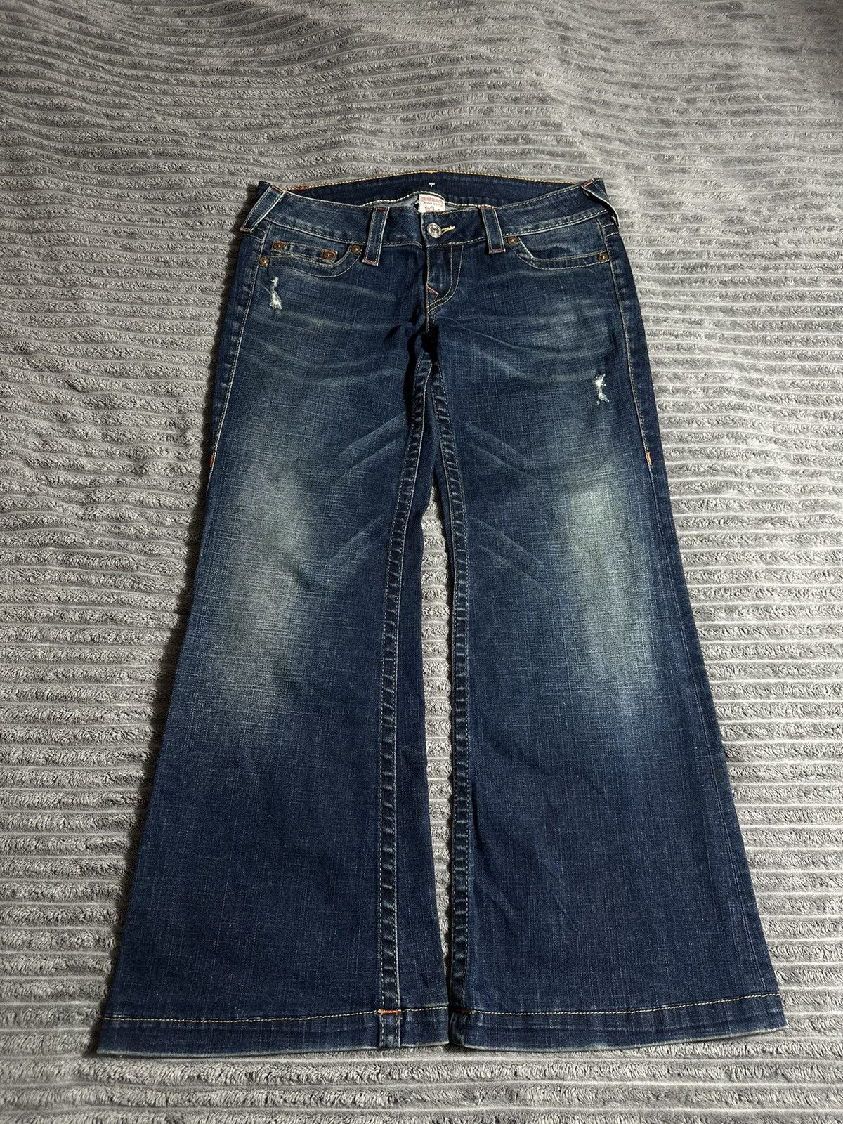 True Religion Vintage Low Rise Flared Wide Grunge Pants in Denim, Women's (Size 31)