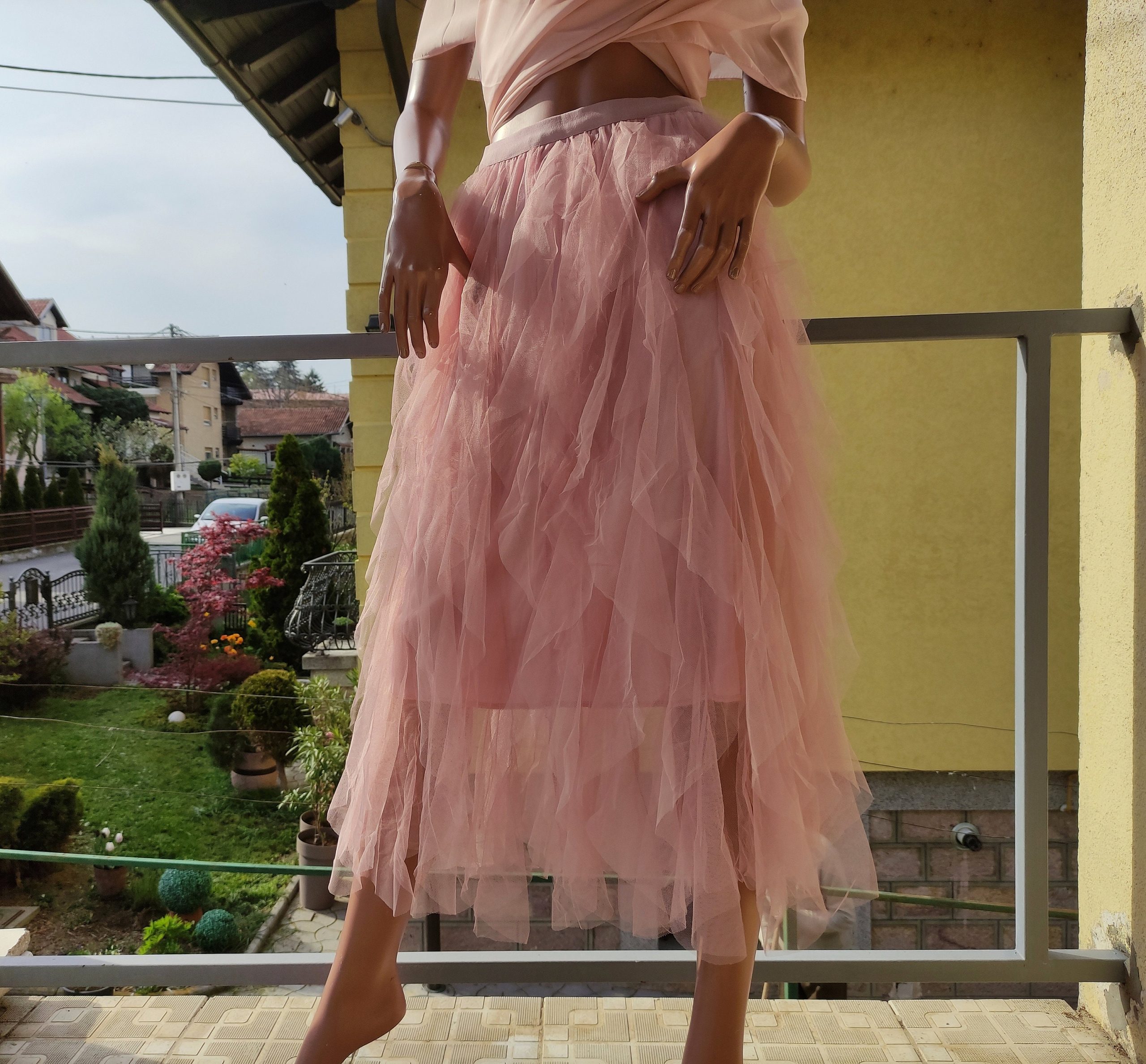 Tulle Ruffles Asymmetric Skirt. Sheer Pink Trend Transparent Fashion Long Skirt With Lining. Mother's Day Gift