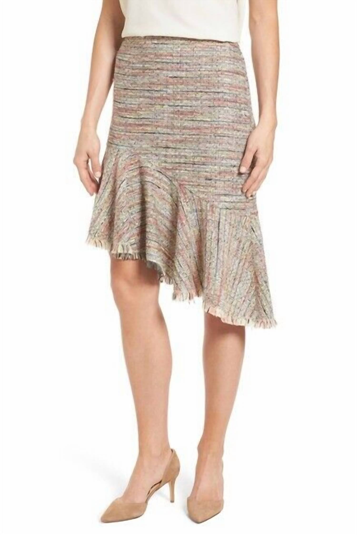 Tweed Asymmetrical Fringe Hem Midi Skirt In Multicolor