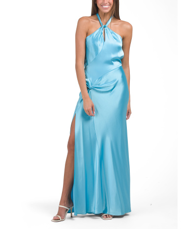 Twist Front Satin Halter Neck Gown for Women | Polyester