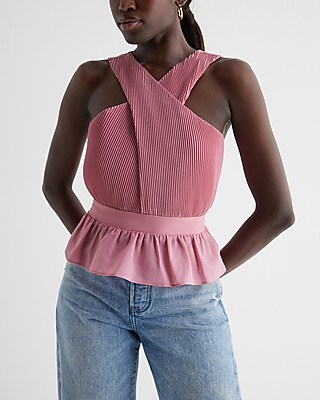 Twist Halter Neck Pleated Peplum Tank