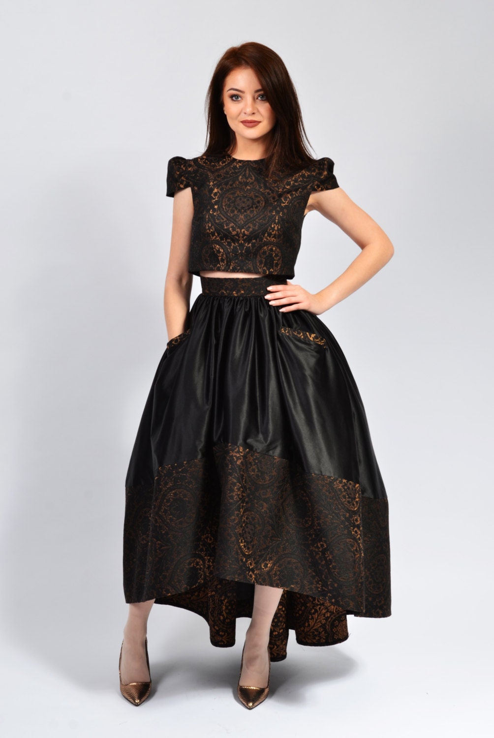 Two Piece Brocade Ensemble, Asymmetric Long Skirt, Sleeveless Top | Carolina-Bianca