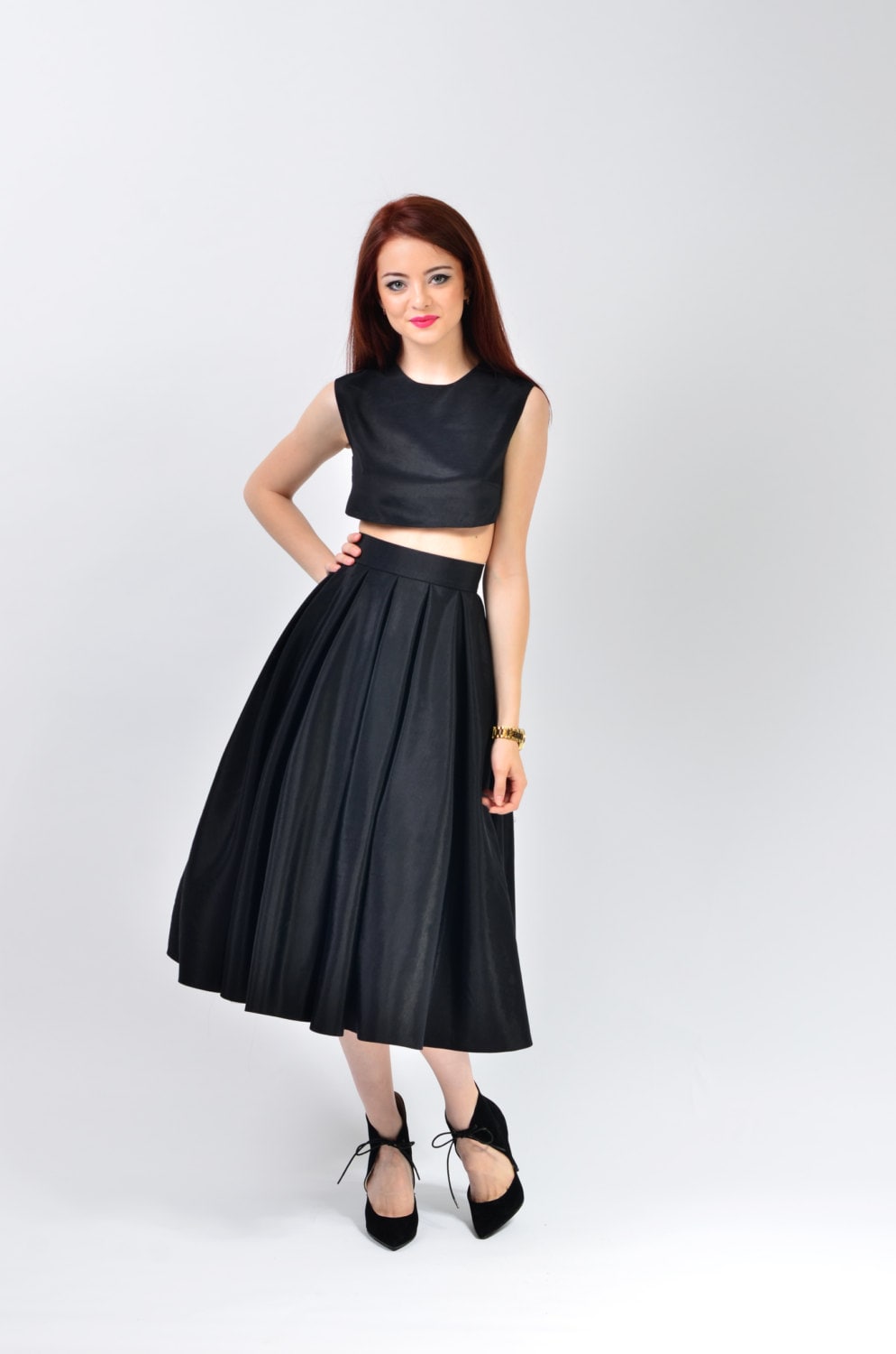 Two Piece Dress, Pleated Midi Circle Skirt, Sleeveless Top | Marisa