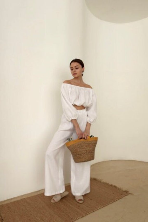 Two Piece Linen Set, Set Women White, Linen Womens Clothing, Suit Women, Pants, Crop Top & Pant