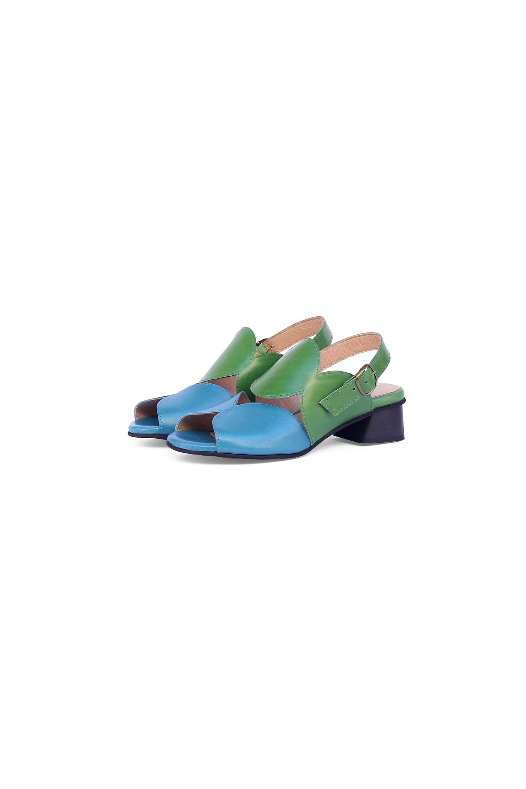 Two-Tone Blue & Green Leather Women's Low Heel Sandals