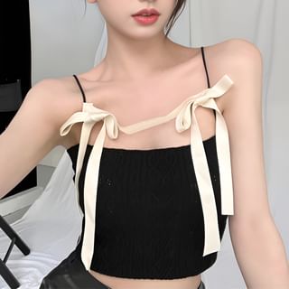 Two Tone Bow Cutout Knit Crop Camisole Top