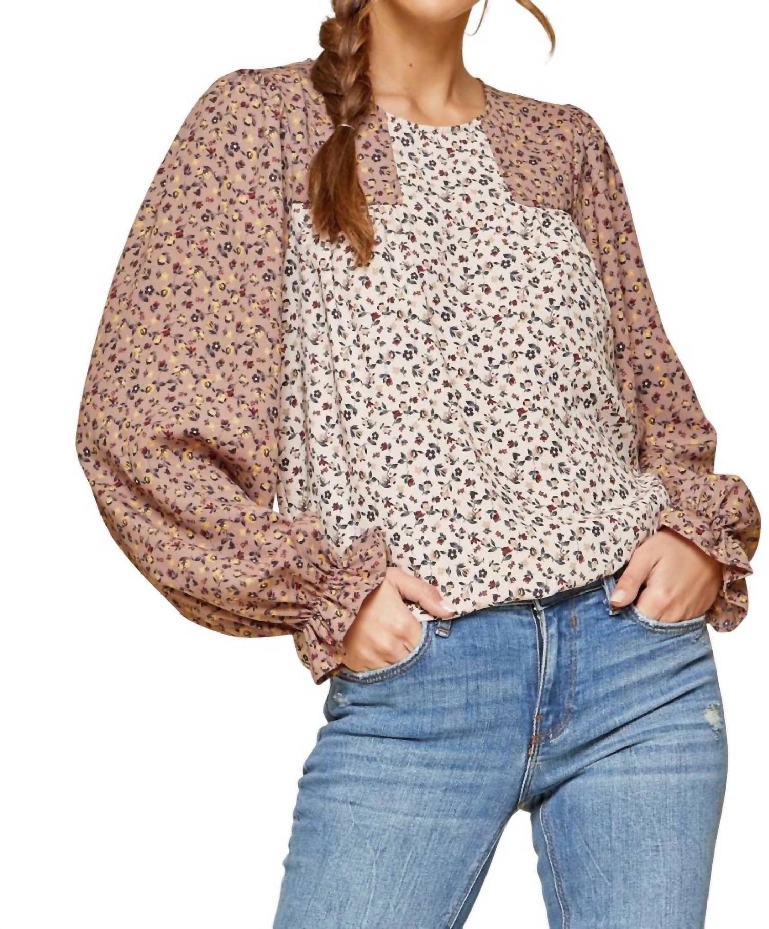 Two-Tone Floral Blouse In Taupe/mocha