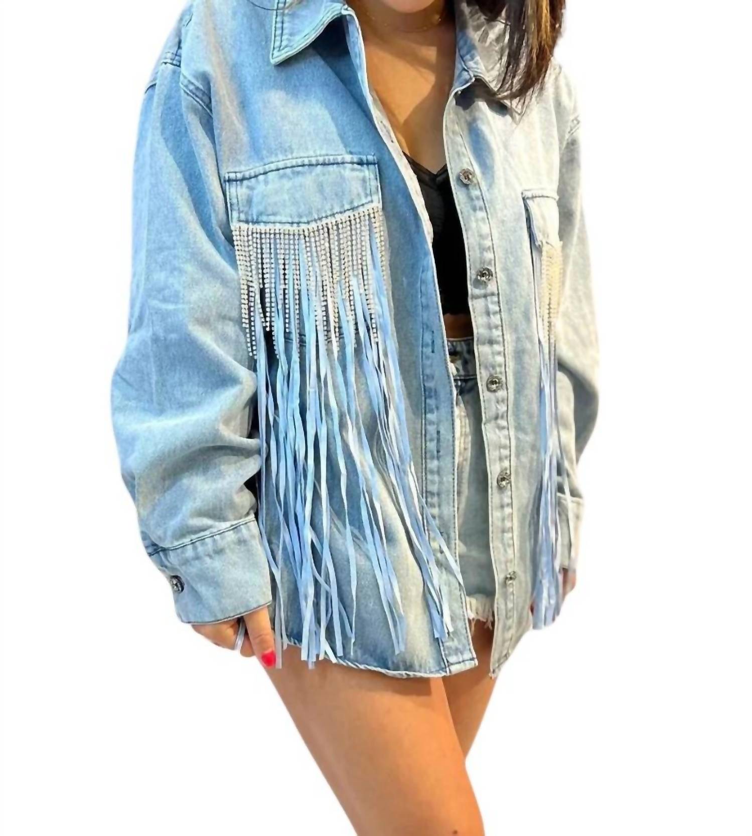 Tyra Double Fringe Denim Shacket In Lightwash Denim