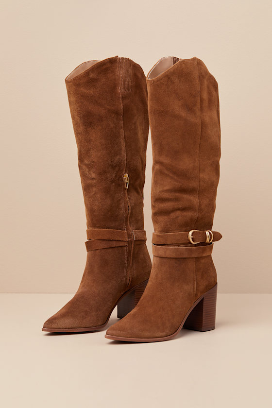 Tyrone Wide Calf Brown Suede Buckle Pointed-Toe Knee-High Boots