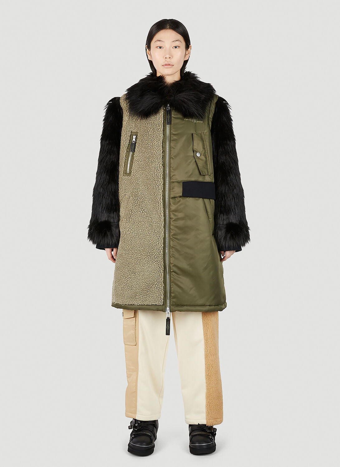 UGG x Feng Chen Wang Faux-fur Sleeve Long Coat - Woman Coats Khaki M