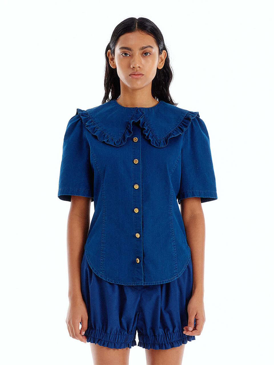 UJENNY Frilled Collar Denim Shirt (Denim Blue)