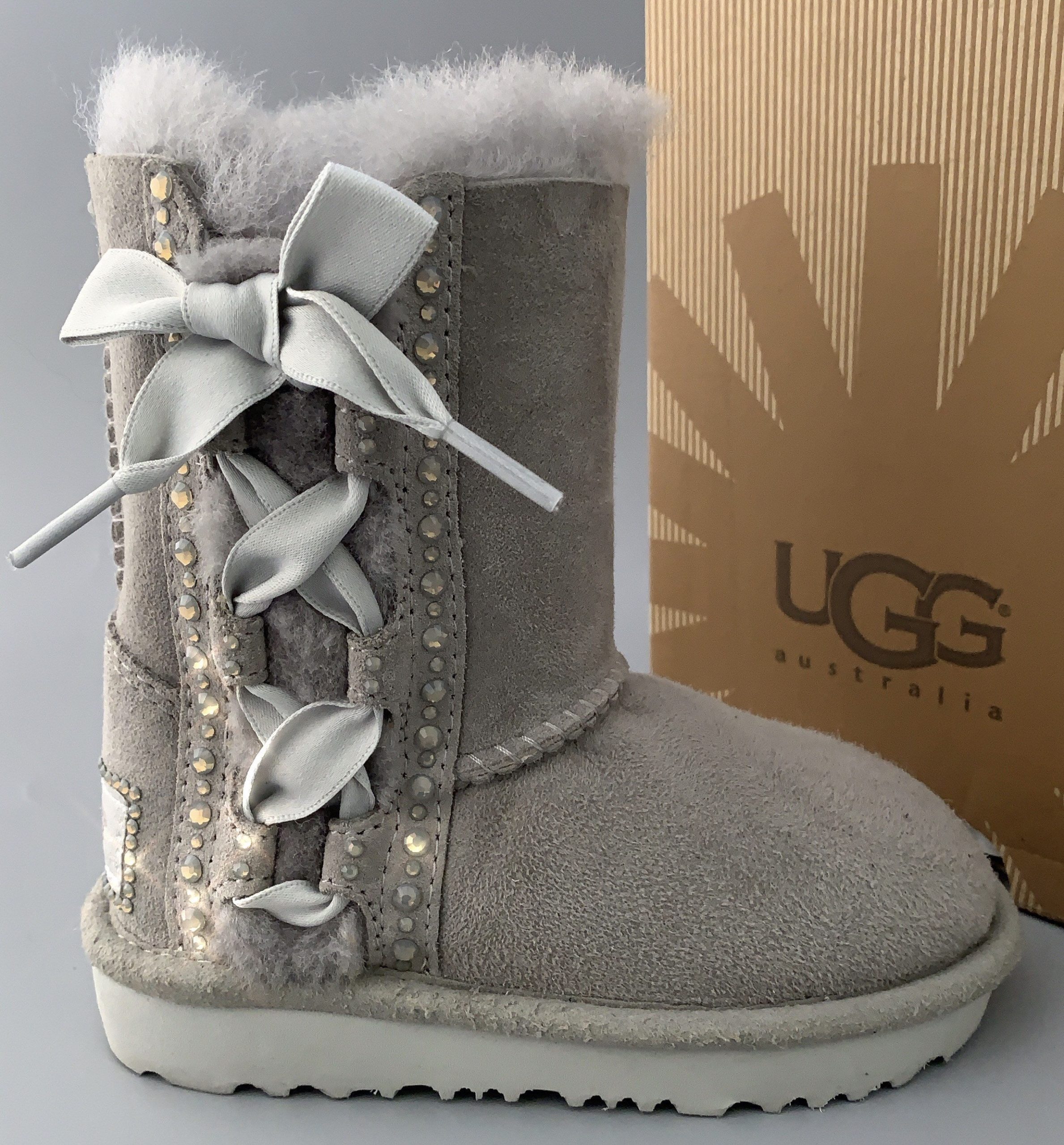 Ugg Pala Suede Boots Embellished With Swarovski Crystals & Silk Bow ~Toddler Size 8 Style #1017737T Seal Gray